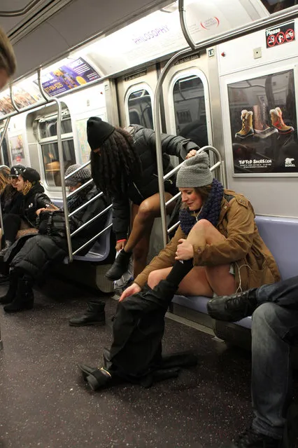 January 11, 2015; New York, New York, U.S. The No Pants Subway Ride is an annual event staged by Improv Everywhere. it's the 14th annual event participants from cities and countries around the world go on mass transit with no pants on. (Photo by Bruce Cotler/Globe Photos/ZUMA Wire)