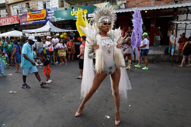 A participant in a costume poses for a portrait at an LGBTQIA+ pride parade in the Mare neighborhood of Rio de Janeiro, Sunday, September 29, 2024. (Photo by Hannah-Kathryn Valles/AP Photo)