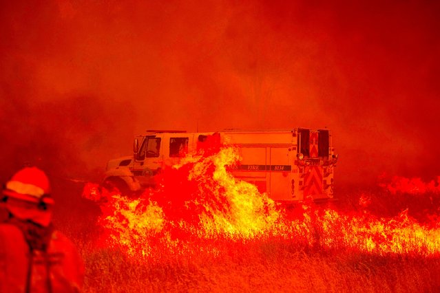 A fire vehicle is surrounded by flames as the Pawnee fire jumps across highway 20 near Clearlake Oaks, California on July 1, 2018. More than 30,000 acres have burned in multiple fires throughout the region. (Photo by Josh Edelson/AFP Photo)