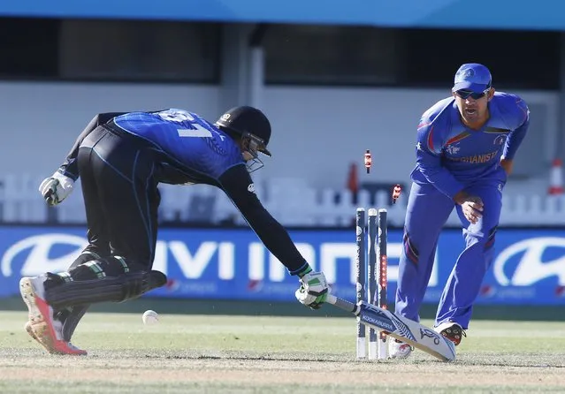 New Zealand's Martin Guptill is run out watched by Afghanistan's Samiullah Shinwari (R) during their Cricket World Cup match in Napier, March 8, 2015. REUTERS/Nigel Marple (NEW ZEALAND - Tags: SPORT CRICKET)