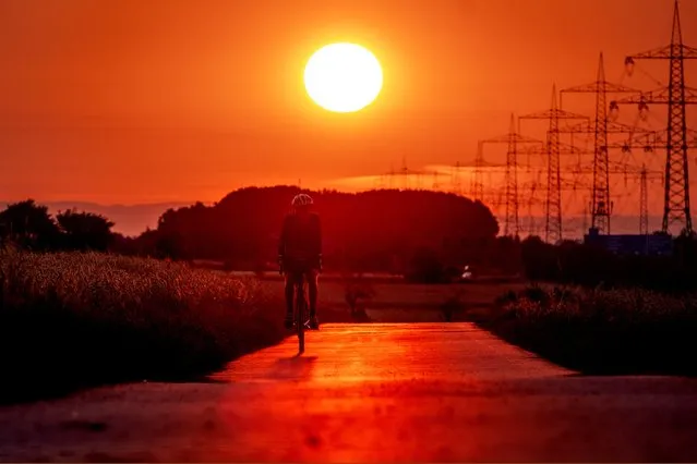 A man rides his bike on a small road in the outskirts of Frankfurt, Germany, as the sun rises on Sunday, July 9, 2023. (Photo by Michael Probst/AP Photo)