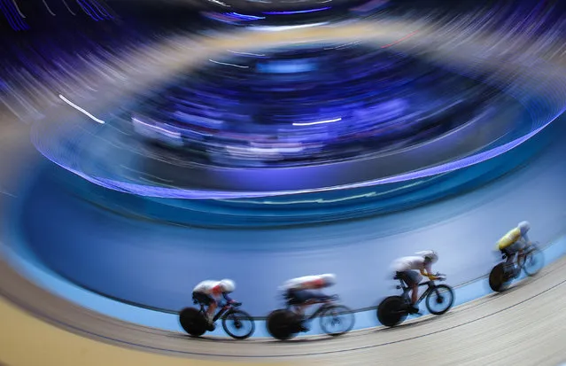 Alla Biletska of Ukraine, Alessa-Catriona Propster of Germany and Lowri Thomas of United Kingdom race during the Women's Kierin during Round 4 of the 2023 UCI Track Champions League at Lee Valley Velopark Velodrome on November 10, 2023 in London, England. (Photo by Ryan Pierse/Getty Images)