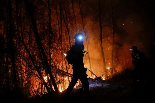 A firefighter is silhouetted as he tries to extinguish a wildfire burning near the village of Ziria, near Patras, Greece, August 1, 2021. (Photo by Costas Baltas/Reuters)