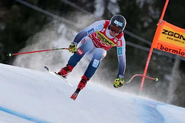 Norway's Aleksander Aamodt Kilde speeds down the course during an alpine ski, men's World Cup downhill race, in Bormio, Italy, Thursday, December 28, 2023. (Photo by Marco Trovati/AP Photo)