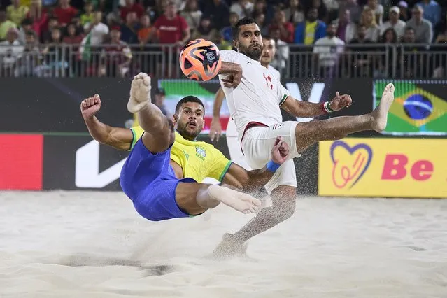Brendo of Brazil shoots for score the third goal during the FIFA Beach Soccer World Cup UAE 2024 Semi-Final match between IR Iran and Brazil at Dubai Design District Stadium on February 24, 2024 in Dubai, United Arab Emirates. (Photo by Aitor Alcalde – FIFA/FIFA via Getty Images)