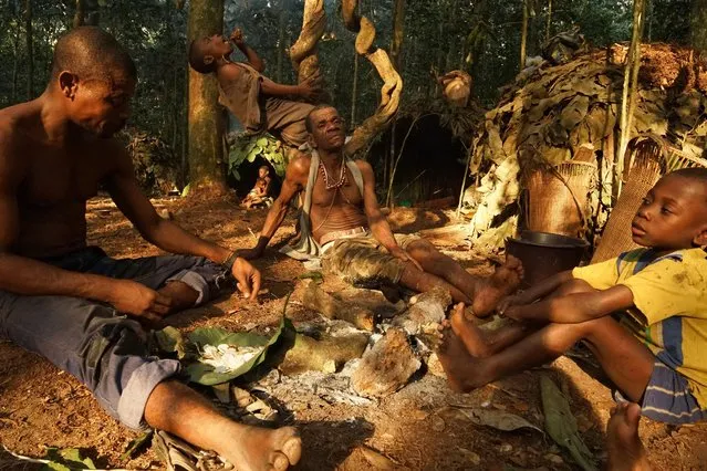 Baka men and young boys sit by a fire in the middle of the camp, in Dzanga-Sangha Reserve, Central African Republic, February 2016. (Photo by Susan Schulman/Barcroft Images)