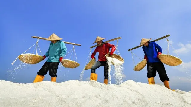 Workers in Bogor, West Java, Indonesia, collect sun-dried salt to be loaded onto trucks and used to make goods from food to cosmetics on November 8, 2021. (Photo by Gatot Herliyanto/Solent News)