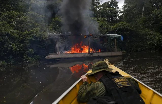 An agent of Brazil’s environmental agency takes cover as an illegal gold dredge burns down at the banks of Uraricoera River during an operation against illegal gold mining on indigenous land, in the heart of the Amazon rainforest, in Roraima state, Brazil April 15, 2016. (Photo by Bruno Kelly/Reuters)