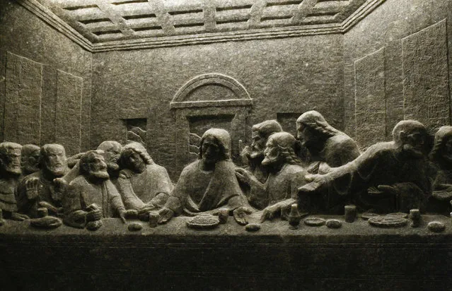 Wieliczka Salt Mine: Part of the salt sculpture The Last Supper is pictured at The Saint Kinga's Chapel in the Wieliczka Salt Mine near Krakow, southern Poland, December 15, 2011. According to the Supervisory Board of the Wieliczka Salt Mine, the historic mine extends for a total of about 300 km (186 miles) and functioned continuously since the Middle Ages until 1996 when the salt bed ceased to be exploited completely. (Photo by Kacper Pempel/Reuters)