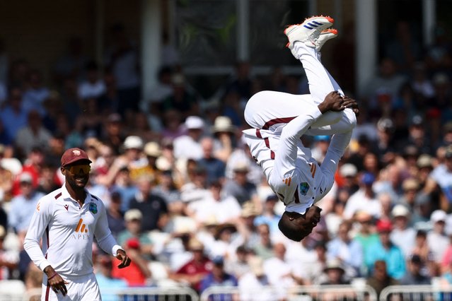 West Indies Kevin Sinclair celebrates taking the wicket of England's Harry Brook on the first day of the second Test cricket match between England and West Indies at Trent Bridge in Nottingham on July 18, 2024. (Photo by Darren Staples/AFP Photo)