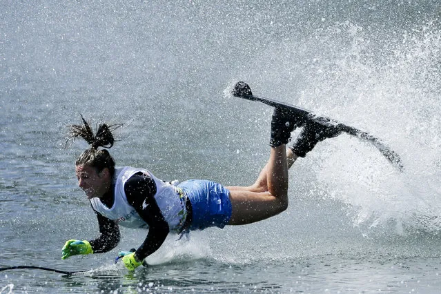 The United States' Regina Jaquess falls during the slalom portion of the women's overall water ski competition in the Pan Am Games in Toronto Wednesday, July 22, 2015. (Photo by Gregory Bull/AP Photo)