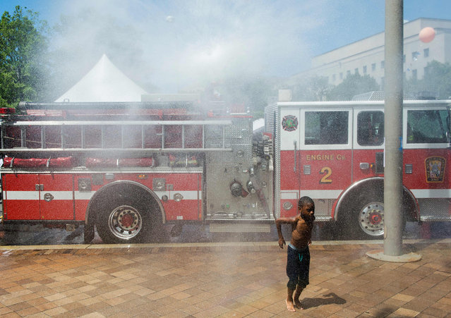 A young boy cools off in a spray from a fire truck in Washington, DC on June 12, 2016. The temperatures in the DC area soared in the 90's F. (Photo by Andrew Caballero-Reynolds/AFP Photo)
