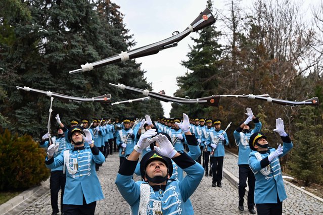 The Rifle Demonstration Squad of the Presidential Guard Regiment take part in the rehearsals for the official welcoming ceremonies of heads of state and government with the principle of “no errors” in Ankara, Turkiye on November 29, 2024. The Presidential Guard Regiment, directly affiliated to the Chief of the Turkish General Staff and taking part in state ceremonies held at the Presidential Complex, the Grand National Assembly of Turkiye, the Ministry of National Defense and the General Staff, is the only military unit in the Turkish Armed Forces to wear turquoise uniforms. (Photo by Ismail Kaplan/Anadolu via Getty Images)