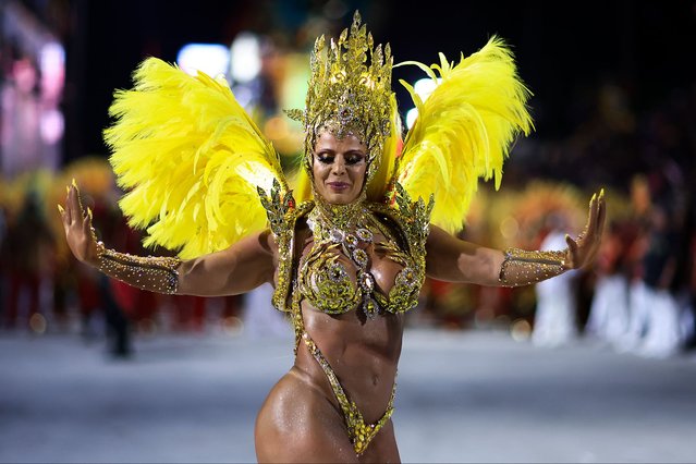Queen of drums, Viviane Araujo of Salgueiro performs during 2024 Carnival parades at Sapucai Sambodrome on February 11, 2024 in Rio de Janeiro, Brazil. (Photo by Buda Mendes/Getty Images)