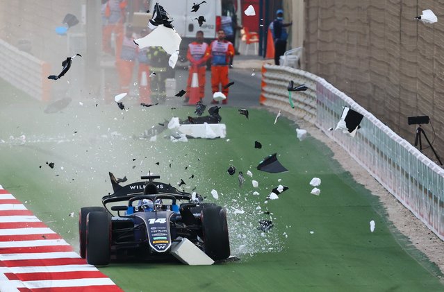 Victor Martins of France and ART Grand Prix (14) hits a polyboard during the Round 2 Sakhir Sprint race of the Formula 2 Championship at Bahrain International Circuit on April 12, 2025 in Bahrain, Bahrain. (Photo by Clive Rose/Getty Images)