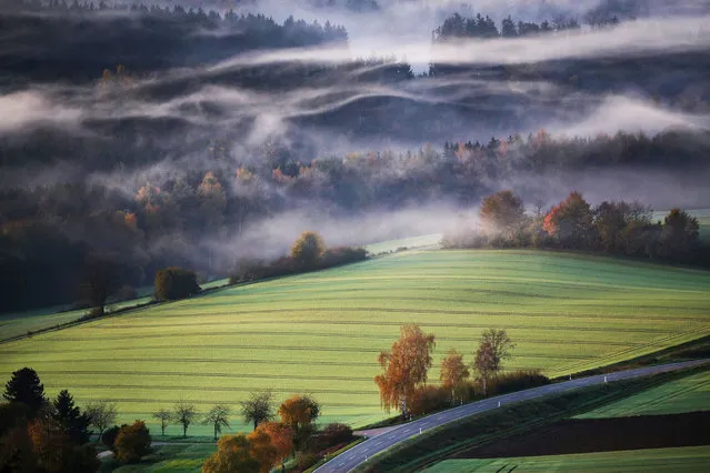 Clouds of fog drift over a wooded area in Upper Swabia in the morning shortly after sunrise on October 31, 2022. (Photo by Thomas Warnack/Avalon)