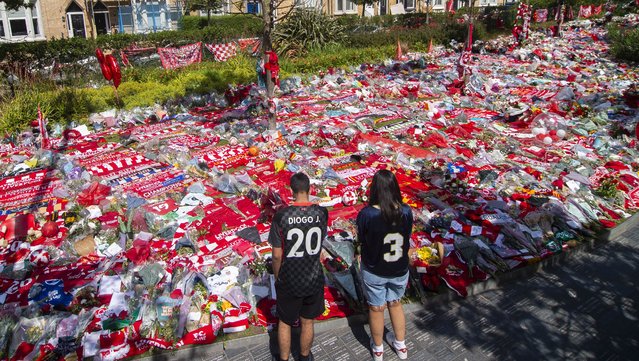 Tributes to soccer player Diogo Jota at Anfield, the home of Liverpool FC in Liverpool, Britain 09 July 2025. Jota died in a car accident in Spain together with his brother Andre Silva on 03 July 2025. (Photo by Peter Powell/EPA)