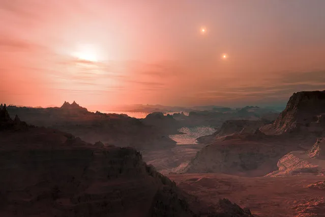 A sunset seen from the super-Earth Gliese 667 Cc. Astronomers have estimated  there are tens of billions of such rocky worlds orbiting faint red dwarf stars in the Milky Way alone. (Photo by L. Calcada/Reuters/ESO)