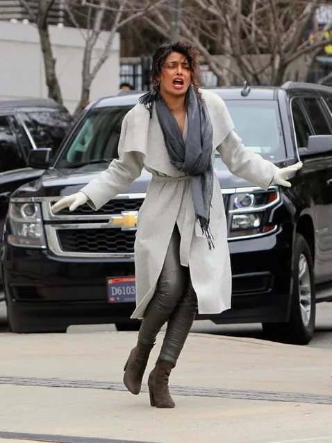 Priyanka Chopra, Jake McLaughlin, Johanna Braddy, Blair Underwood, Russell Tovey and Alan Powell pictured filming action scenes at the “Quantico” set outside the Brooklyn Museum. Priyanka Chopra points a gun in one of the scenes. Brooklyn, New York City - Monday February 12, 2018. (Photo by JP/Pacific Coast News)