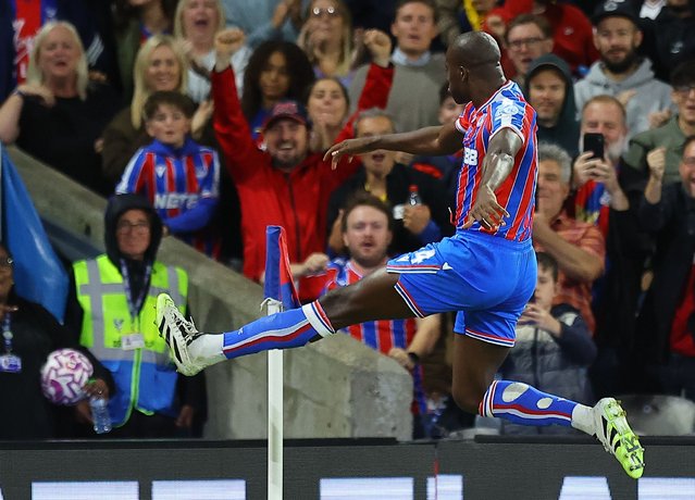 Jean-Philippe Mateta of Crystal Palace celebrates scoring the only goal of the match by kicking the corner flag during the UEFA EUROPA Conference League match between Crystal Palace and Fredrikstad FK at Selhurst Park on August 21, 2025 in London, England. (Photo by Michael Zemanek/Rex Features/Shutterstock)