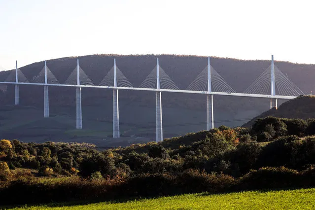 A photograph taken in Millau, southern France on November 16, 2022 shows the viaduct of Millau. (Photo by Charly Triballeau/AFP Photo)