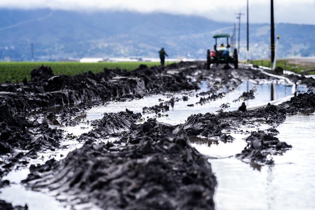 During a break in the rain farm workers drain lettuce fields of flood water as an atmospheric river storm slams California in Salinas, California on Friday March 10, 2023. (Melina Mara/The Washington Post)