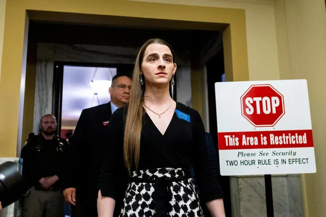 Montana State Representative Zooey Zephyr leaves the House chamber after a motion to bar her passed, at the Montana State Capitol in Helena, Montana, U.S. April 26, 2023. Rep. Zephyr will still be able to vote on bills remotely. (Photo by Mike Clark/Reuters)