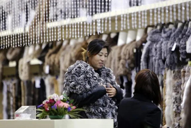 A woman tries on a fur cape at the 2015 China Fur and Leather Products Fair in Beijing, January 15, 2015. (Photo by Jason Lee/Reuters)