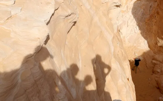 The shadows of hikers are seen before they use a rope to go down through the rocks of the White Canyon in South Sinai, Egypt, November 20, 2015. Bedouins in the "Sinai is Safe" group guided more than 100 hikers over a 25 km (15 mile) trek over the trails of the White Canyon and the Closed Canyon. The NGO aims to challenge mainstream perceptions of the area by encouraging Nile Valley residents to explore the untamed wilderness with the Bedouin tribes. (Photo by Asmaa Waguih/Reuters)