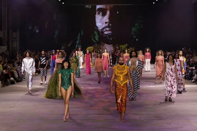 Models walk the runway in a design by Grace Lillian Lee during the First Nations Fashion + Design show during Afterpay Australian Fashion Week 2021 Resort '22 Collections at Carriageworks on June 02, 2021 in Sydney, Australia. (Photo by Stefan Gosatti/Getty Images)