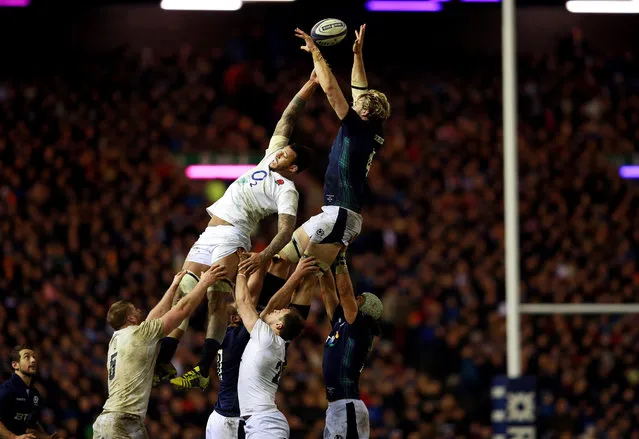 England's Courtney Lawes, top left, and Scotland's Richie Gray, compete for a line out ball, during the Six Nations tournament rugby match between Scotland and England, at Murrayfield Stadium, in Edinburgh, Scotland, Saturday, February 6, 2016. (Photo by David Davies/PA Wire via AP Photo)