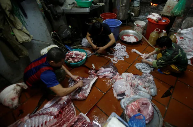 Residents cut a slaughtered pig in preparation for Tet, the lunar new year festival which will take place from January 28, at Xuan La village in Hanoi January 22, 2017. (Photo by Reuters/Kham)