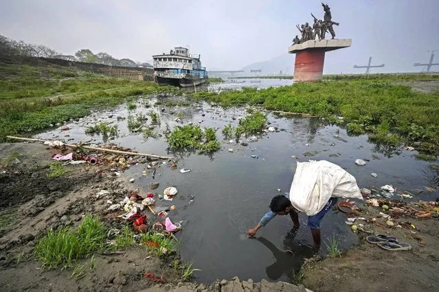 A ragpicker looks for recyclable material in the polluted waters on the banks of Brahmaputra river on World Water Day in Guwahati, India, Friday, March 22, 2024. (Photo by Anupam Nath/AP Photo)