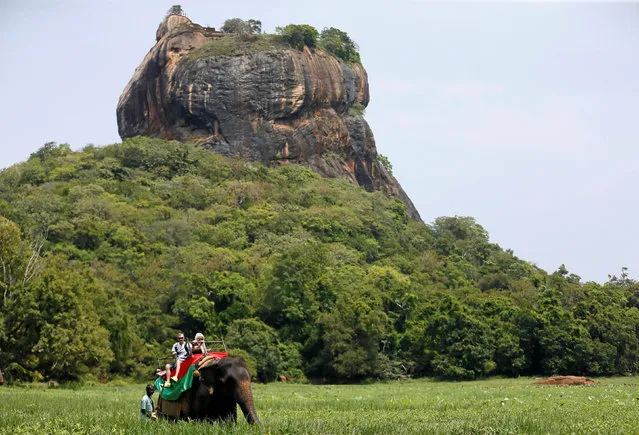 Tourists travel on top an elephant passing the UNESCO listed World Heritage Site Sigiriya Rock Fortress in Sigiriya, Sri Lanka October 11, 2018. (Photo by Dinuka Liyanawatte/Reuters)