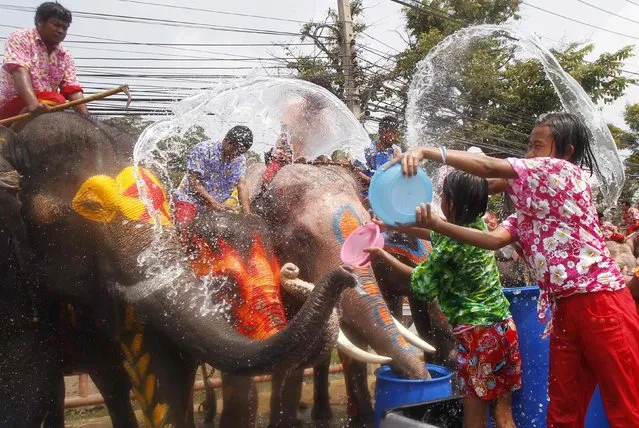 Children splash elephants with water in celebration of the Songkran water festival in Thailand's Ayutthaya province, April 9, 2014. Songkran, the most celebrated festival of the year, marks the start of Thailand's traditional New Year. (Photo by Chaiwat Subprasom/Reuters)