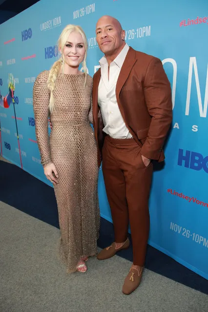 Lindsey Vonn (L) and Dwayne Johnson attend the premiere of HBO's “Lindsey Vonn: The Final Season” at Writers Guild Theater on November 07, 2019 in Beverly Hills, California. (Photo by Rich Fury/Getty Images)