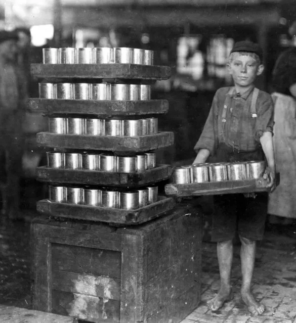 One of the small boys working in the JS Farrand Packing Company carries a heavy load, Baltimore, MD, 1911. (Photo by Lewis W. Hine/Buyenlarge/Getty Images)