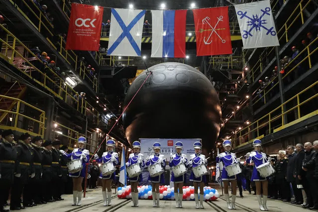 A ceremony takes place at the Admiralty Shipyard to launch the Project 636.3 submarine B-603 Volkhov of the Russian Pacific Fleet in St Petersburg, Russia on December 26, 2019. (Photo by Alexander Demianchuk/TASS)