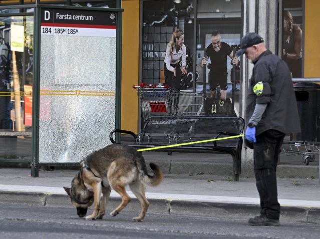 Police at the scene after a shooting incident, in Farsta, southern Stockholm, Saturday, June 10, 2023. Sweden wants to modernize its legislation to clamp further down on organized crime. The Swedish justice minister Gunnar Strommer said Thursday it was 'a breathtaking number' that official figures show that up to 30,000 people are involved in criminal networks. (Photo by Anders Wiklund/TT News Agency via AP Photo)