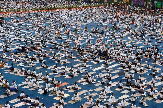 People participate in a mass yoga session at Lal Bahadur Shastri Stadium in Hyderabad on May 27, 2022. (Photo by Noah Seelam/AFP Photo)