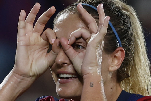 Barcelona's Alexia Putellas celebrates after scoring her side's third goal during the women's Champions League group D soccer match between Barcelona and Hammarby at the Estadi Johan Cruyff in Barcelona, Wednesday, October 16, 2024. (Photo by Joan Monfort/AP Photo)