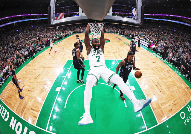 Jaylen Brown #7 of the Boston Celtics reacts after dunking the ball in Game One of the Eastern Conference First Round NBA Playoffs against the Orlando Magic at TD Garden on April 20, 2025 in Boston, Massachusetts. (Photo by Maddie Meyer/Getty Images)