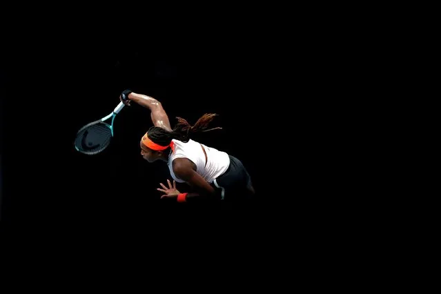 Coco Gauff of the USA serves during her quarter final match against Lin Zhu of China during day five of the 2023 ASB Classic Women's at the ASB Tennis Arena on January 06, 2023 in Auckland, New Zealand. (Photo by Phil Walter/Getty Images)