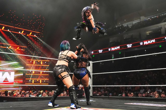 Asuka and Kairi Sane with a double team on Roxanne Perez during Monday Night RAW at Legacy Arena at the BJCC on July 14, 2025 in Birmingham, Alabama. (Photo by Michael Owens/WWE via Getty Images)