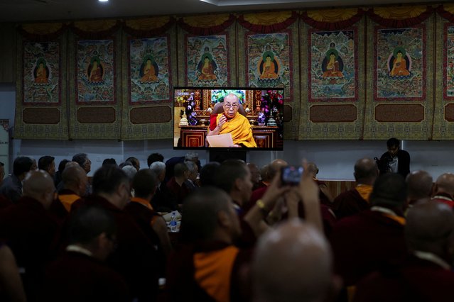 Tibetan spiritual leader Dalai Lama addresses via a video message at the inaugural session at the 15th Tibetan Religious Conference at the Dalai Lama Library and Archive near Tsuglagkhang, also known as Dalai Lama's Temple complex, in the northern hill town of Dharamshala, India, on July 2, 2025. (Photo by Anushree Fadnavis/Reuters)