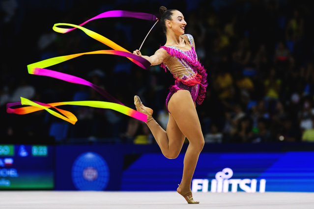 Emilia Heichel of Poland competes with the ribbon during the Qualification of the Rhythmic Gymnastics World Championships at Carioca Arena on August 21, 2025 in Rio de Janeiro, Brazil. (Photo by Tom Weller/Getty Images)