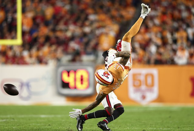 Cobee Bryant #37 of the Atlanta Falcons hits Mike Evans #13 of the Tampa Bay Buccaneers during the second quarter of the NFL football game at Raymond James Stadium on December 11, 2025 in Tampa, Florida. (Photo by Kevin Sabitus/Getty Images)