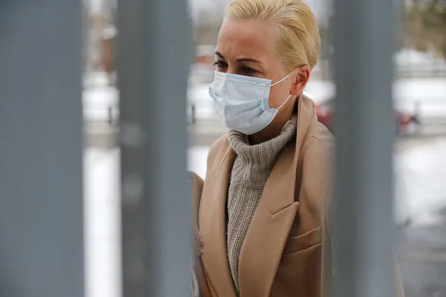 Wife of Russian opposition leader Alexei Navalny, Yulia arrives to attend a hearing at a court in Moscow, Russia, Monday, February 1, 2021. Yulia Navalnaya was detained in Moscow during an unauthourized rally to support her husband on Jan. 31, 2021. (Photo by Alexander Zemlianichenko/AP Photo)