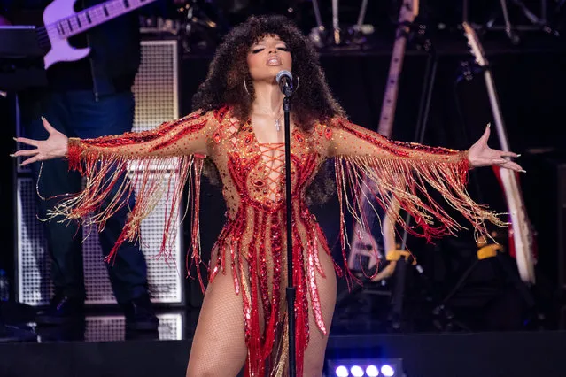 Musician Chloe Bailey pays tribute to Tina Turner onstage at Juneteenth: A Global Celebration For Freedom at The Greek Theatre on June 19, 2023 in Los Angeles, California. (Photo by Scott Dudelson/Getty Images)