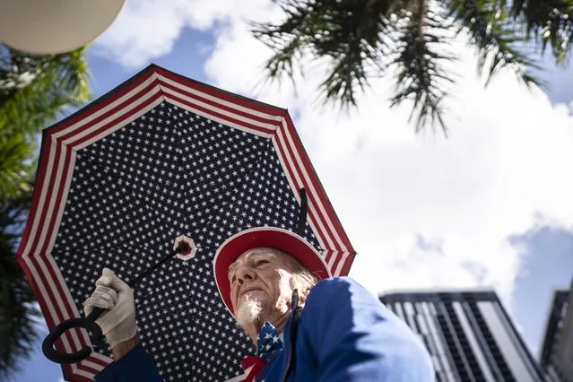 A man dressed as Uncle Sam outside the Wilkie D. Ferguson Jr. U.S. Courthouse in Miami, Fla. on Tuesday, June 13, 2023. Former President Donald Trump is expected to appear in court to face federal criminal charges later today. (Photo by Thomas Simonetti for The Washington Post)